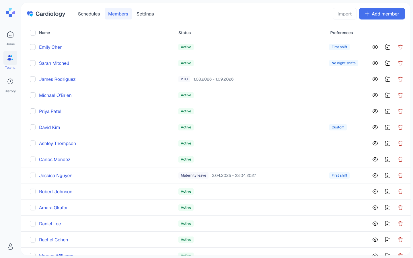 After: Schedules, Members and Settings became tabs in the header, and the table got the width back